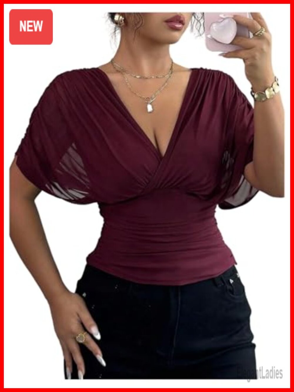 Women's Wrap Top Cinched Waist Sheer Mesh V-Neck Short Sleeve Going Out